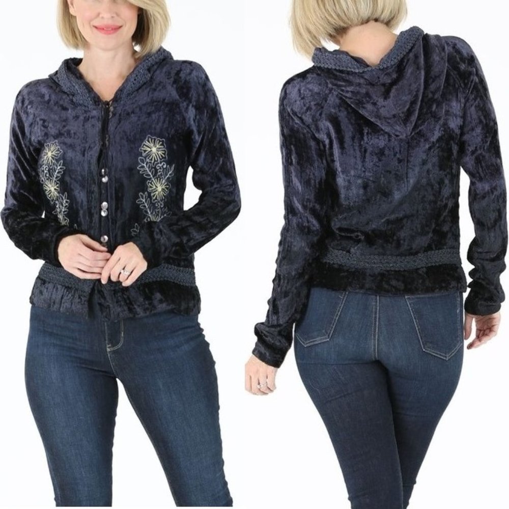 Embroidered Velvet Hooded Jacket NWT • Dark Navy • Button Front Long Sleeve